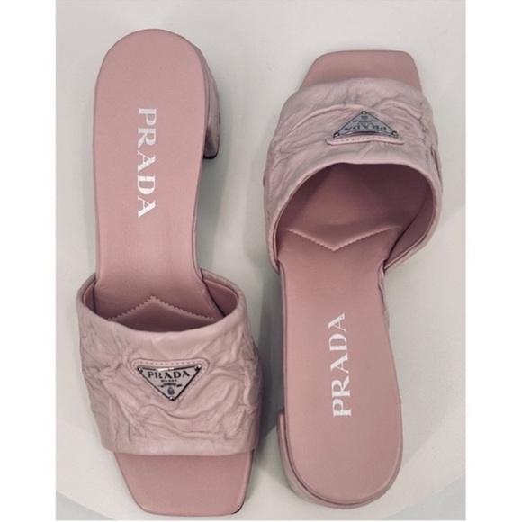 Prada Crinkled Leather Block-Heel Slip on Logo Mules Sandals size 8 Pink New - Picture 10 of 14